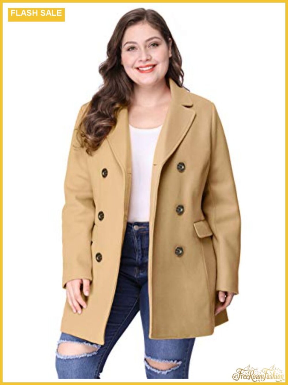 Women Plus Size Double Breasted Peacoat with Notched Lapel, Polyester Blend